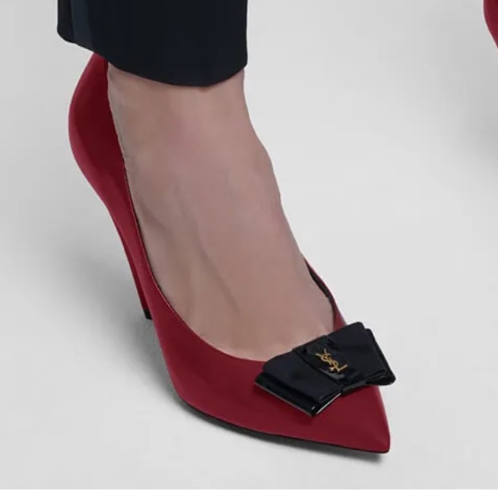Saint Laurent Burgundy Heels with Black Bow with original box duffel bag 4shoes - Picture 7 of 9